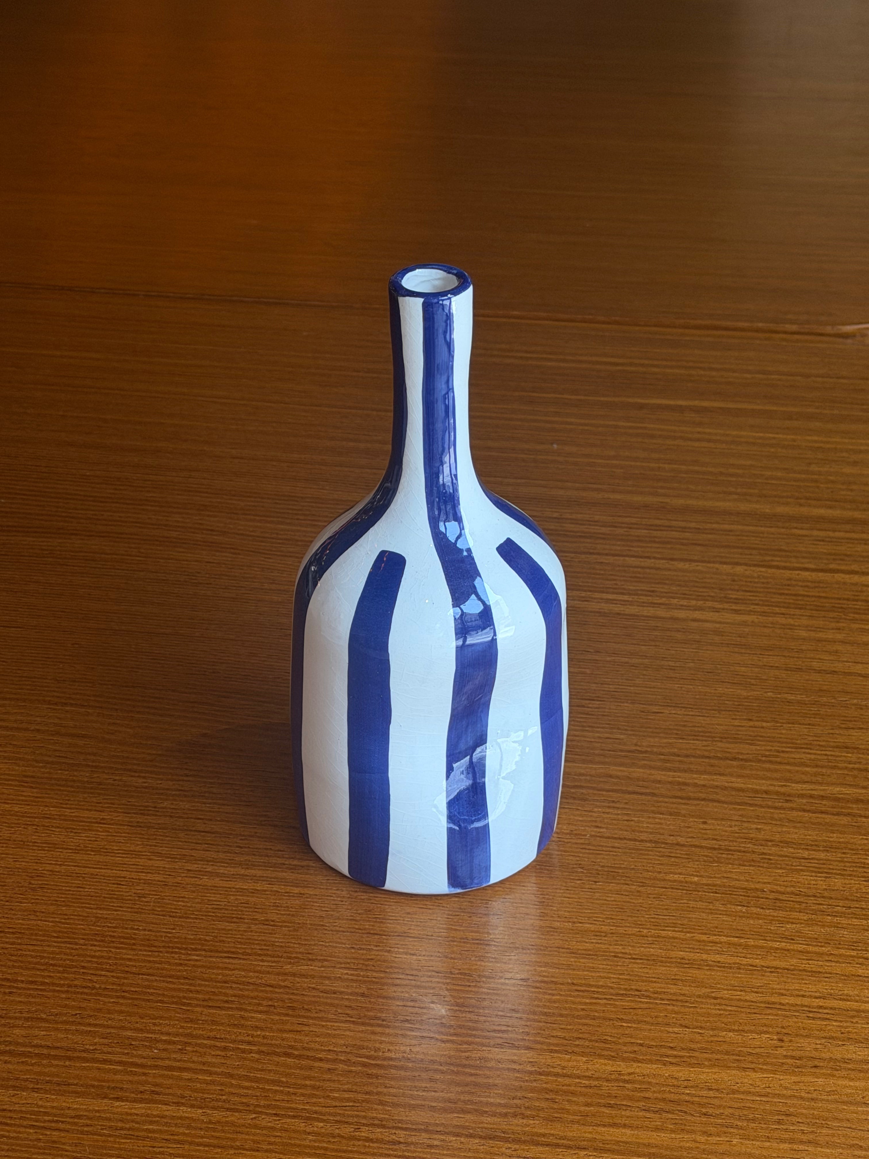 Striped Ceramic Vase - Blue & White