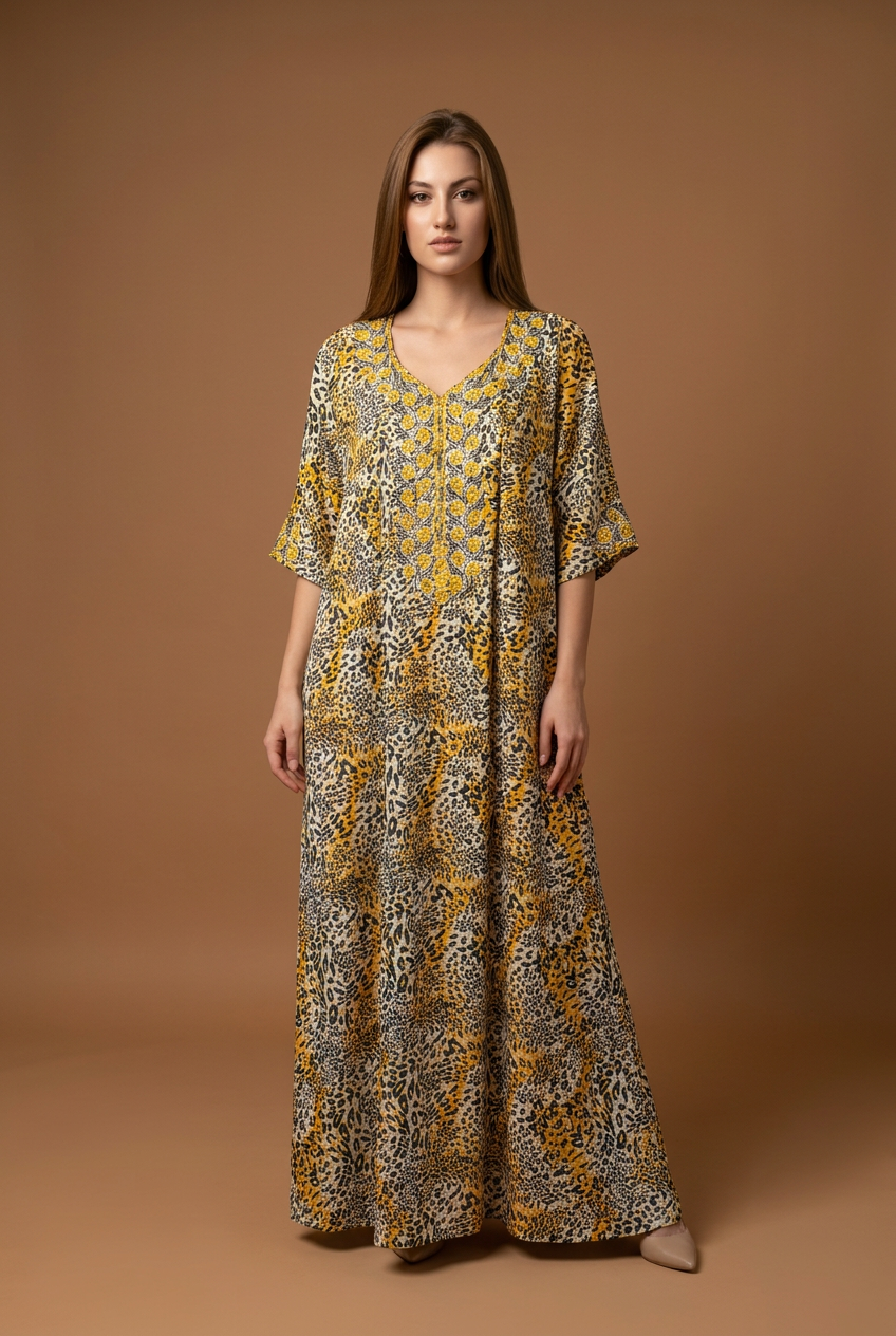 Leopard Dress with Yellow Scarf