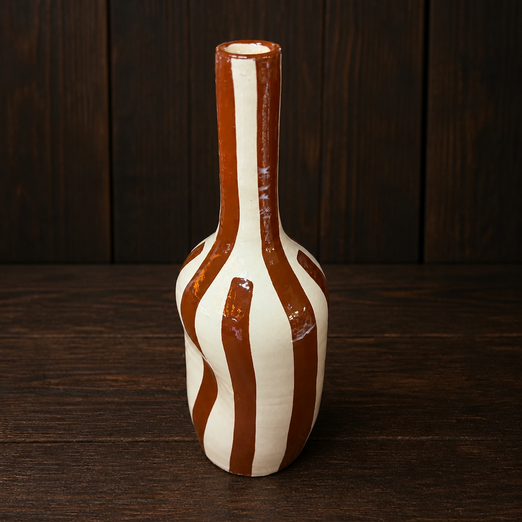 Striped Ceramic Vase - Brown & White