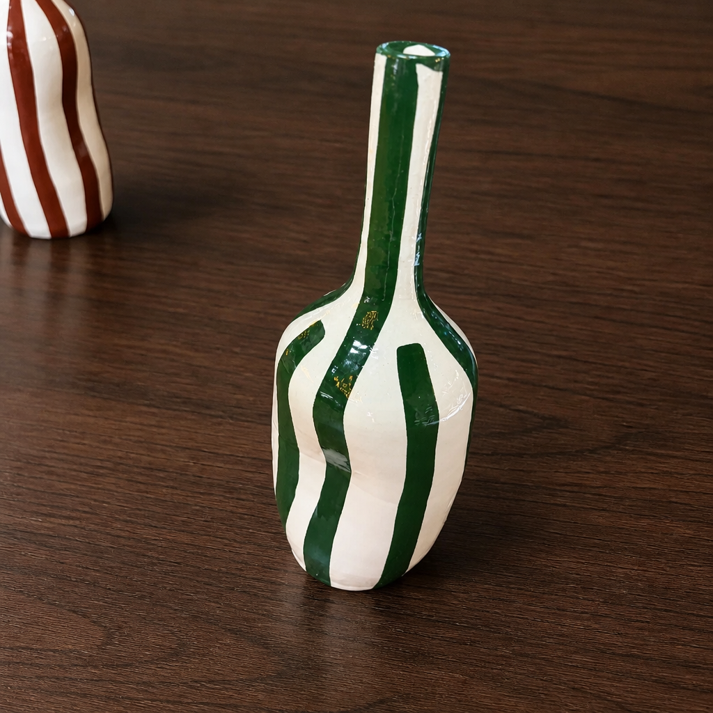 Striped Ceramic Vase - Green & White
