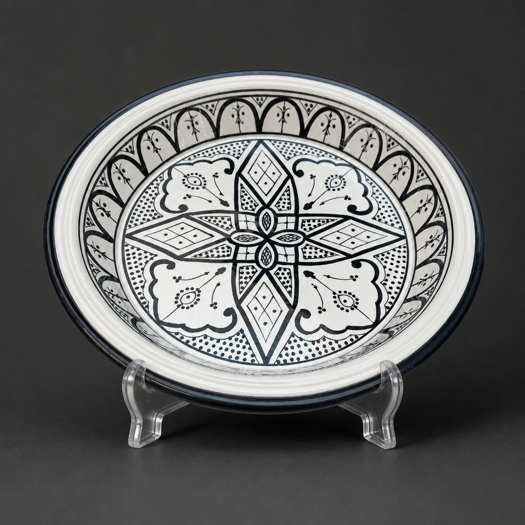Ceramic Plate with Floral  Pattern - White & Black