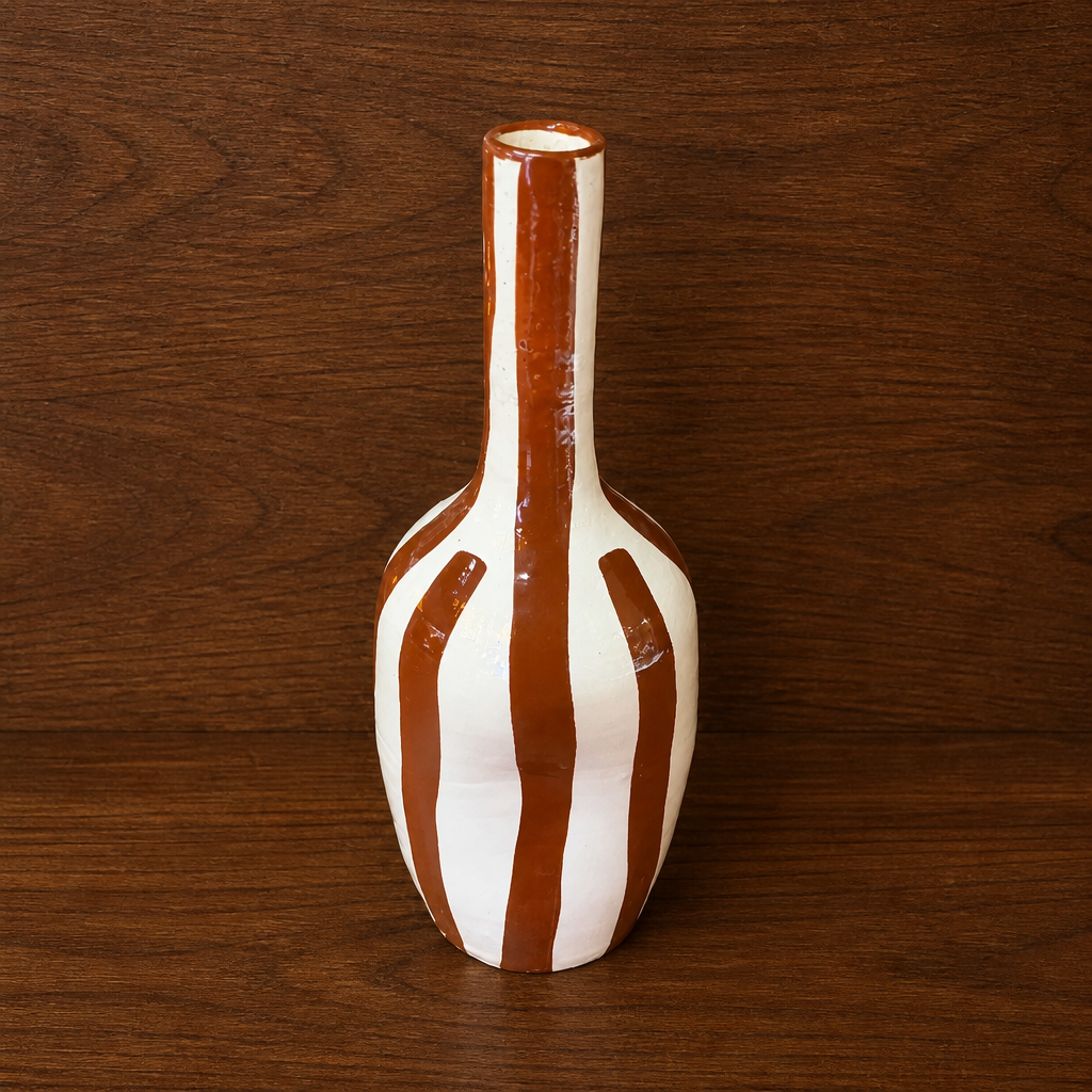 Striped Ceramic Vase - Brown & White
