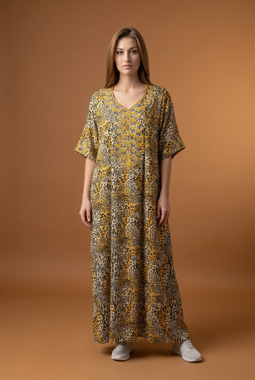 Leopard Dress with Yellow Scarf